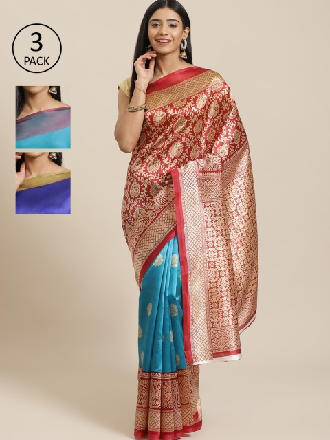 

KALINI Pack Of 3 Printed Mysore Silk Sarees, Red