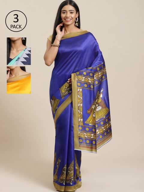 

KALINI Pack Of 3 Printed Mysore Silk Sarees, Blue