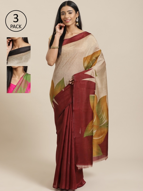 

KALINI Pack Of 3 Printed Mysore Silk Sarees, Beige