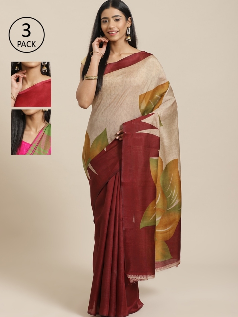

KALINI Pack Of 3 Printed Mysore Silk Sarees, Beige