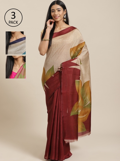 

KALINI Pack Of 3 Printed Mysore Silk Sarees, Beige