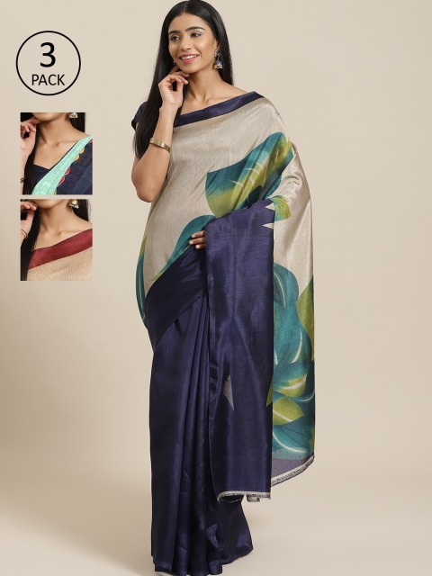 

KALINI Pack Of 3 Printed Mysore Silk Sarees, Navy blue