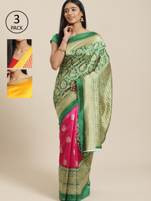 

KALINI Pack Of 3 Printed Mysore Silk Sarees, Green