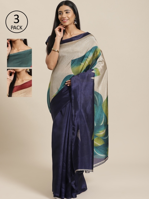 

KALINI Pack Of 3 Printed Mysore Silk Sarees, Navy blue
