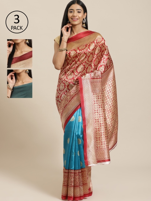 

KALINI Pack Of 3 Printed Mysore Silk Sarees, Red