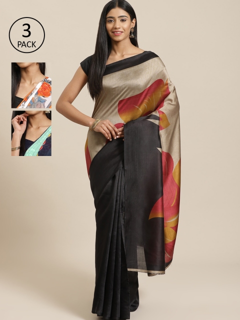 

KALINI Pack Of 3 Printed Mysore Silk Sarees, Black