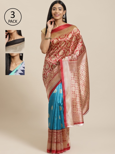 

KALINI Pack Of 3 Printed Mysore Silk Sarees, Red