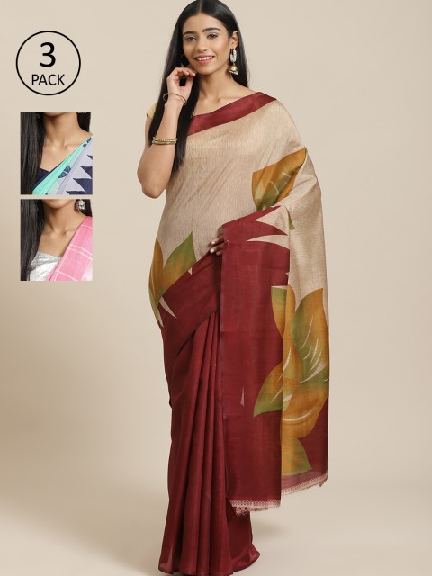

KALINI Pack Of 3 Printed Mysore Silk Sarees, Beige