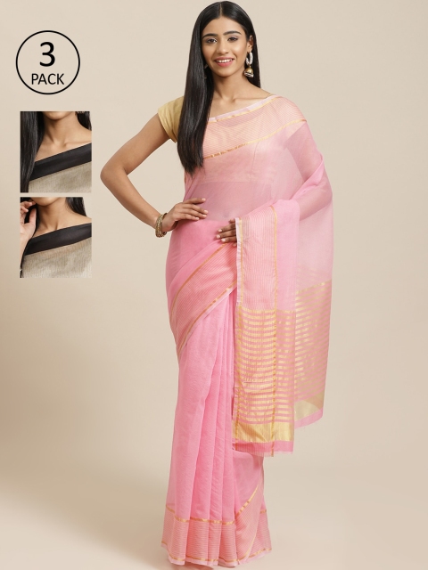 

KALINI Pack Of 3 Printed Mysore Silk Sarees, Pink
