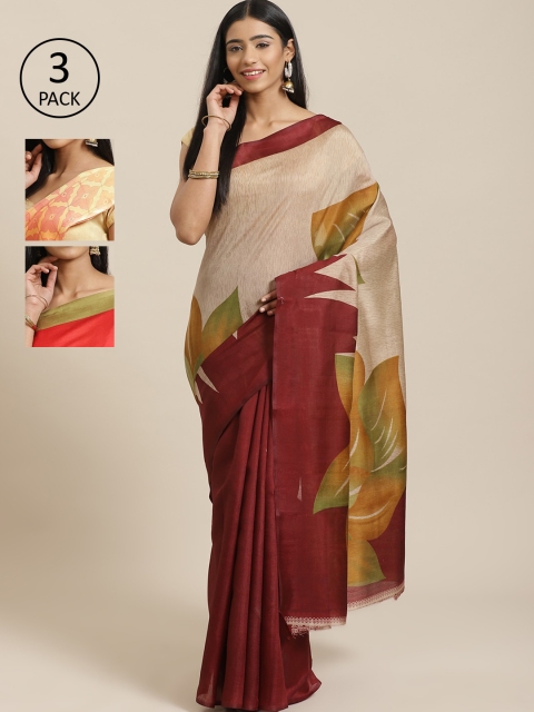 

KALINI Pack Of 3 Printed Mysore Silk Sarees, Beige