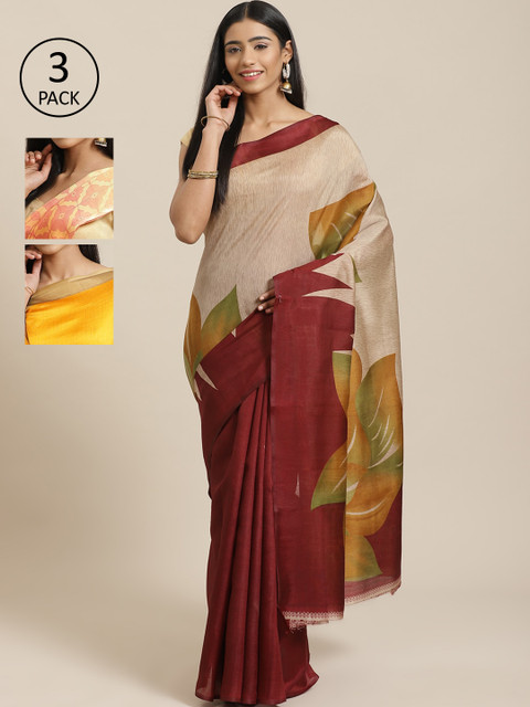 

KALINI Pack Of 3 Printed Mysore Silk Sarees, Beige