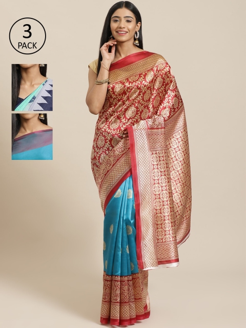 

KALINI Pack Of 3 Printed Mysore Silk Sarees, Red