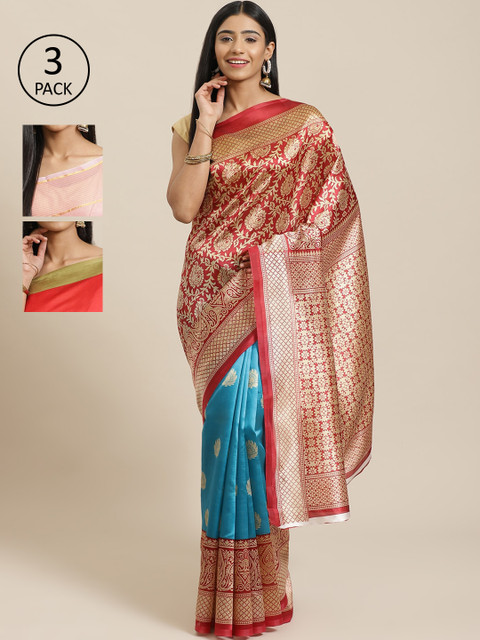 

KALINI Pack Of 3 Printed Mysore Silk Sarees, Red