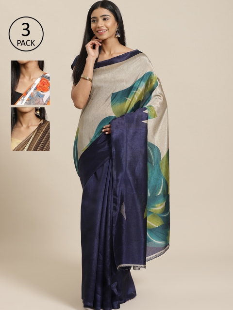 

KALINI Pack Of 3 Printed Mysore Silk Sarees, Navy blue