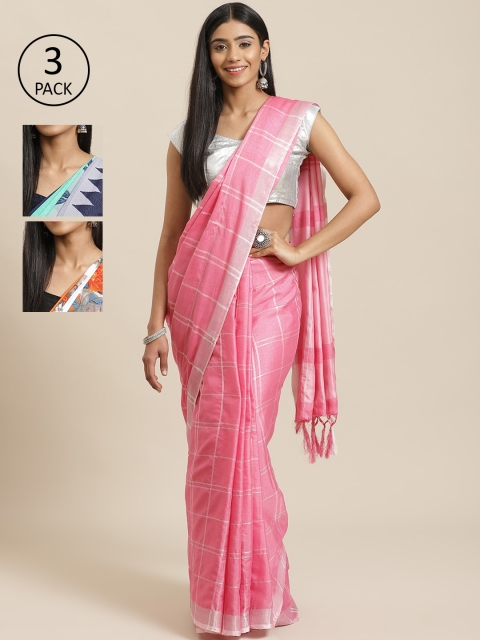

KALINI Pack Of 3 Printed Mysore Silk Sarees, Pink