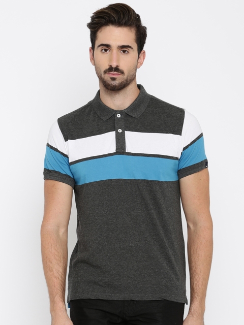 

Basics Grey Melange Striped Muscle Fit Polo T-shirt