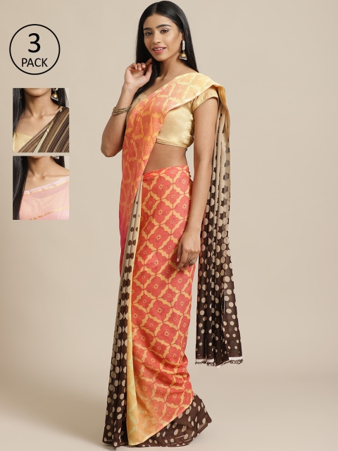 

KALINI Pack Of 3 Printed Sarees, Peach