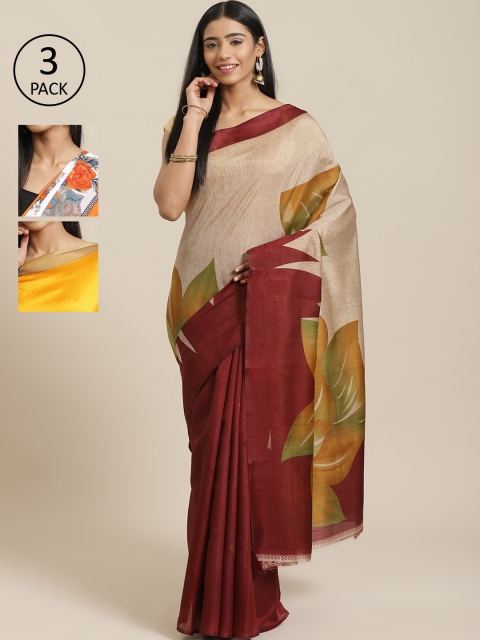 

KALINI Pack Of 3 Printed Sarees, Beige