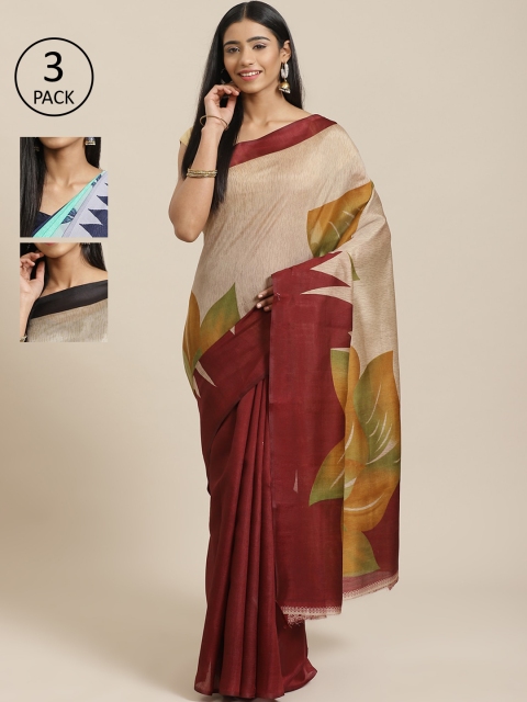 

KALINI Pack Of 3 Printed Sarees, Beige