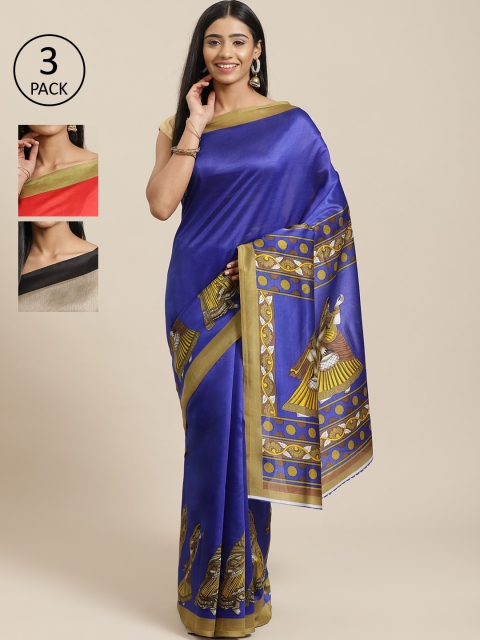 

KALINI Pack Of 3 Printed Art Silk Sarees, Blue