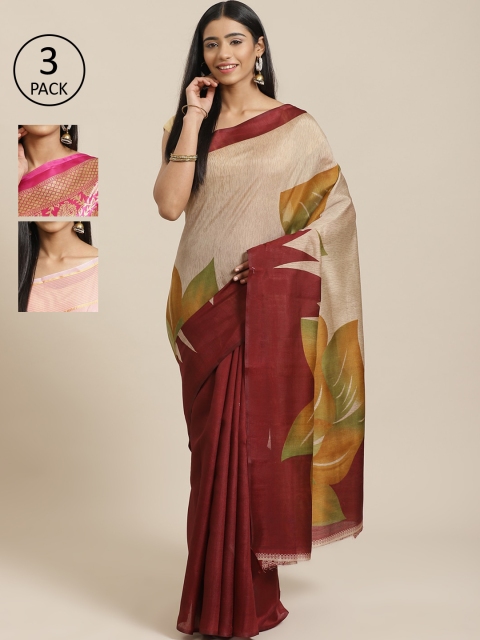 

KALINI Pack of 3 Printed Sarees, Beige
