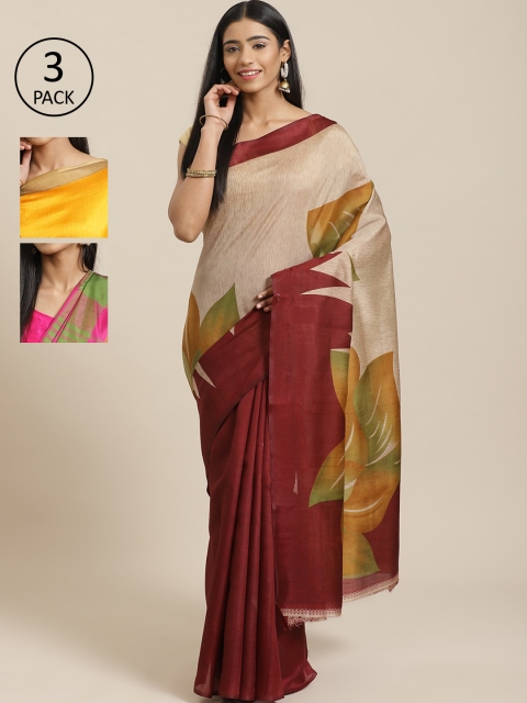 

KALINI Pack Of 3 Art silk Sarees, Beige