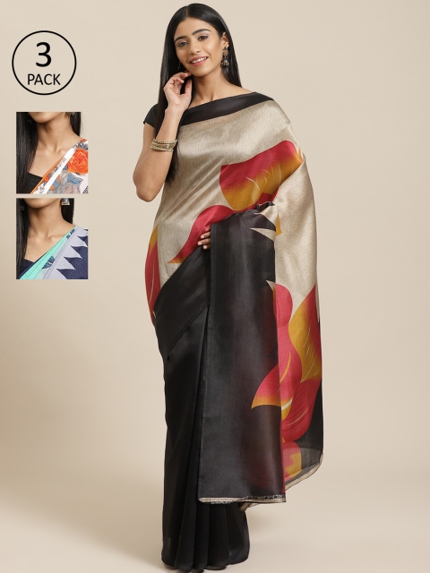 

KALINI Pack of 3 Printed Mysore Silk Sarees, Beige