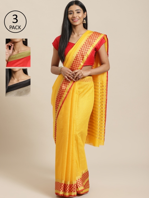 

KALINI Pack of 3 Printed Sarees, Yellow