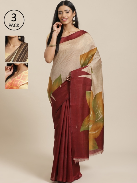 

KALINI Pack Of 3 Art silk Sarees, Beige