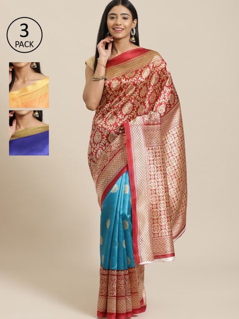 

KALINI Pack of 3 Printed Mysore Silk Sarees, Red