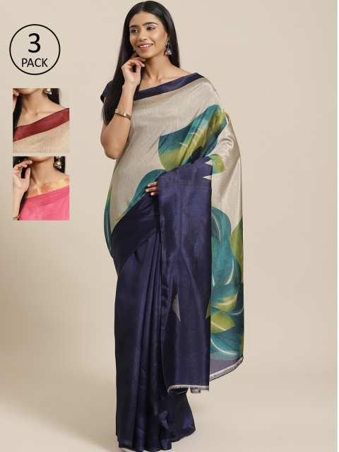

KALINI Pack of 3 Printed Mysore Silk Sarees, Navy blue