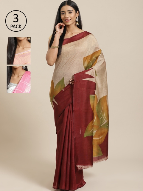 

KALINI Pack of 3 Printed Sarees, Beige