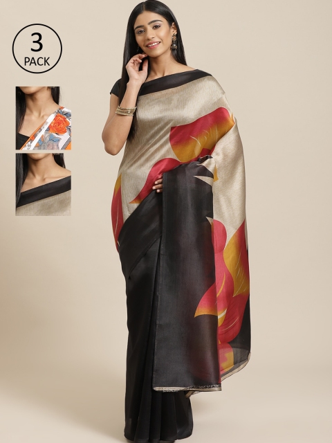

KALINI Pack Of 3 Art silk Sarees, Beige