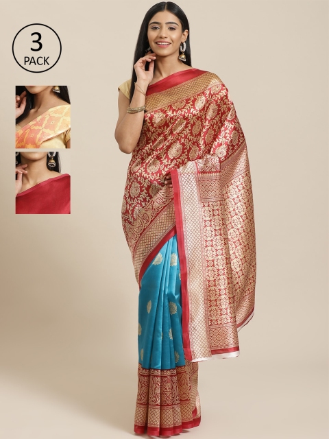 

KALINI Pack of 3 Printed Mysore Silk Sarees, Red