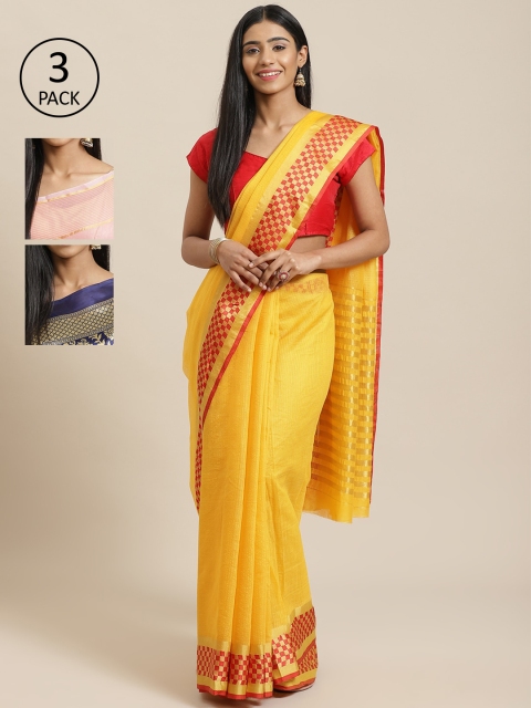 

KALINI Pack of 3 Printed Sarees, Yellow