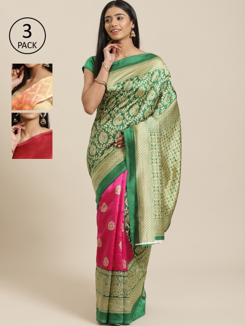 

KALINI Pack of 3 Ethnic Motifs Art Silk Mysore Silk Sarees, Green