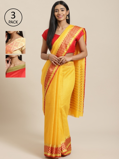 

KALINI Pack of 3 Solid Silk Cotton Sarees, Yellow