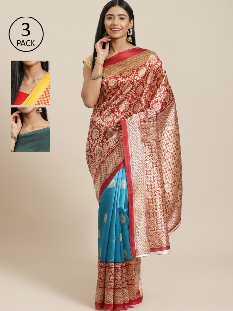 

KALINI Pack of 3 Printed Sarees, Red