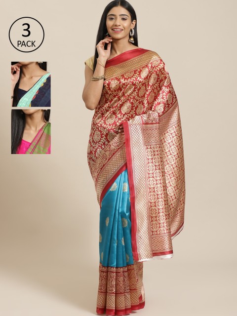 

KALINI Pack of 3 Ethnic Motifs Art Silk Half and Half Mysore Silk Sarees, Red