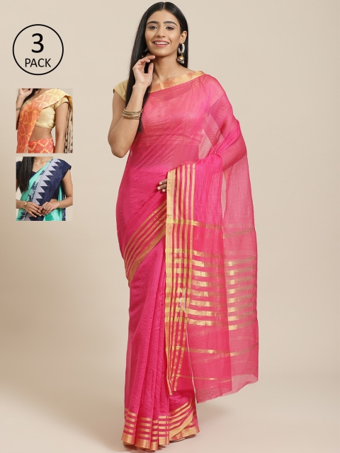 

KALINI Pack Of 3 Printed Mysore Silk Sarees, Pink