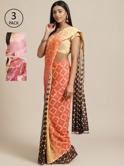 

KALINI Pack Of 3 Peach-Coloured & Gold-Coloured Poly Georgette Sarees