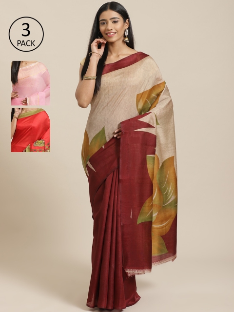 

KALINI Pack Of 3 Printed Sarees, Beige