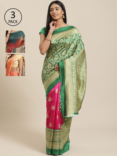 

KALINI Pack Of 3 Art Silk Printed Mysore Silk Saree, Green