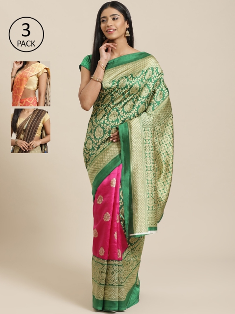 

KALINI Pack of 3 Printed Mysore Silk Sarees, Green