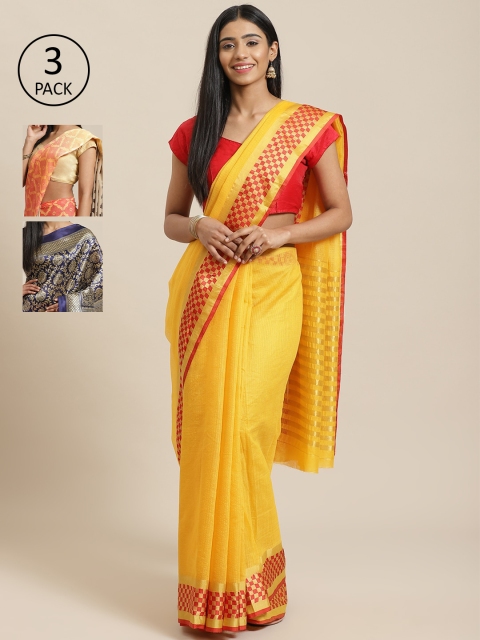 

KALINI Pack of 3 Silk Cotton Saree, Yellow