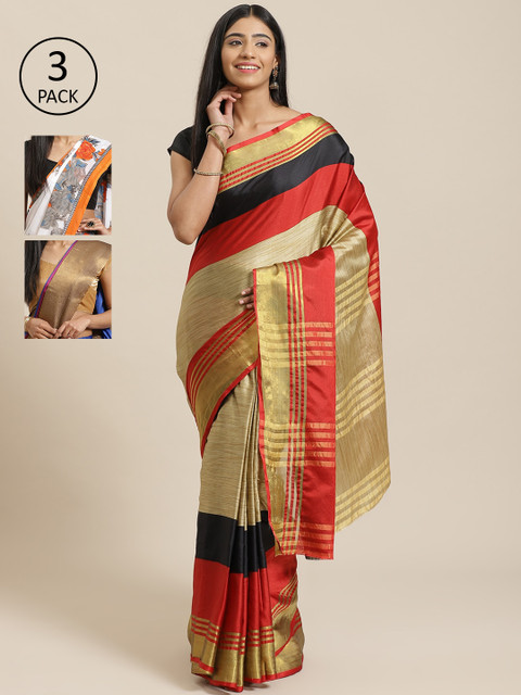 

KALINI Pack Of 3 Sarees, Beige