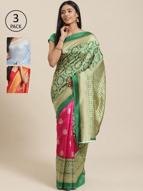 

KALINI Pack Of 3 Sarees, Green