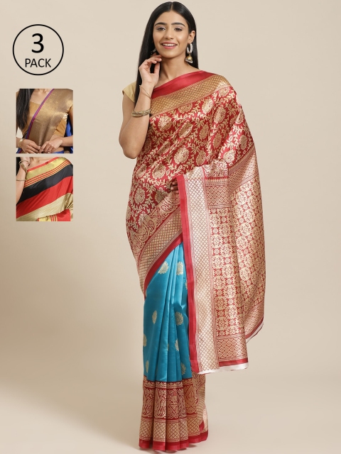 

KALINI Pack Of 3 Sarees, Red