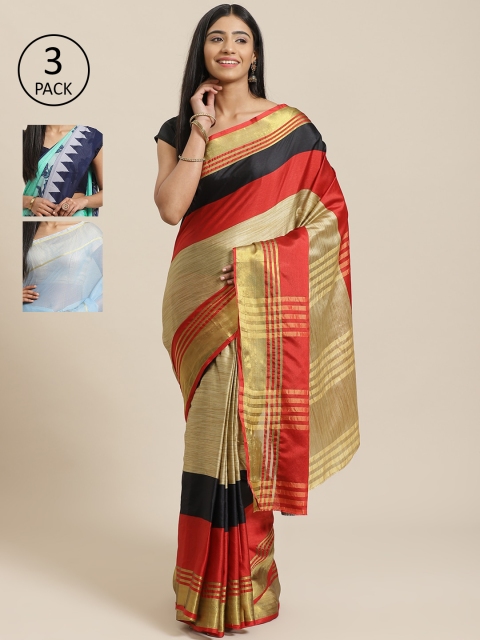 

KALINI Pack Of 3 Sarees, Beige