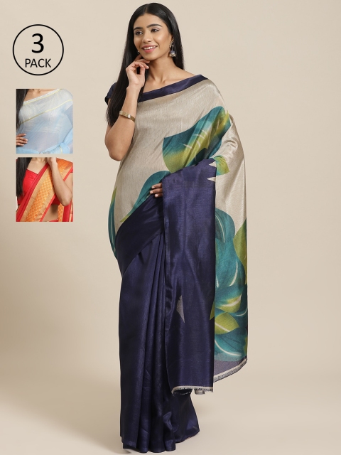 

KALINI Pack of 3 Sarees, Navy blue